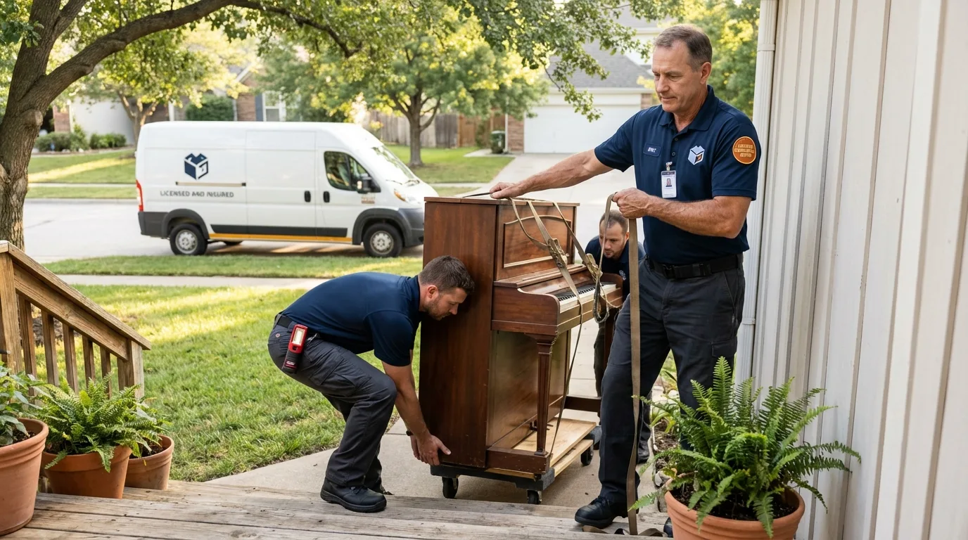 Licensed piano movers securing grand piano in Eleanor, WV