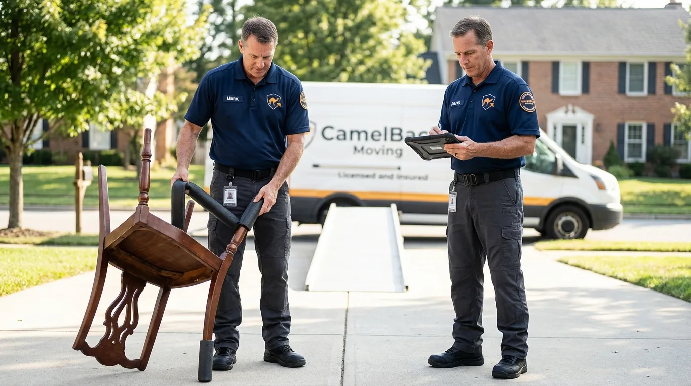 Movers inspecting furniture for damage prevention before loading in Eleanor, WV