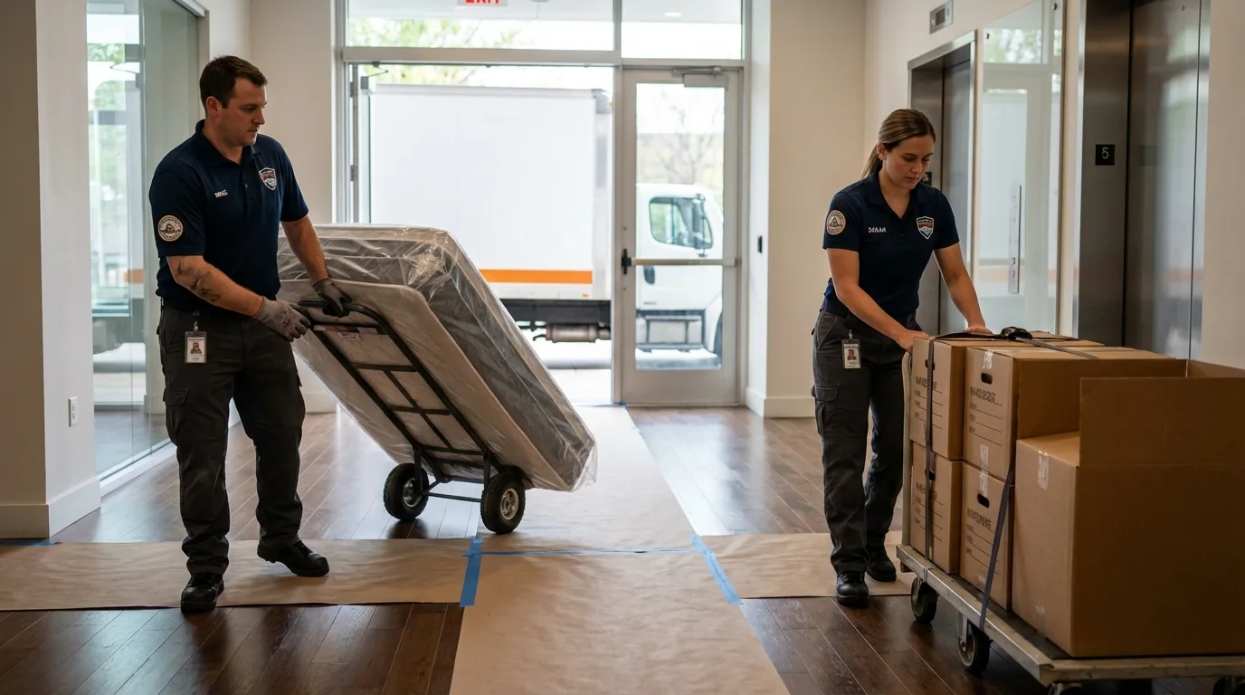 Professional apartment movers loading elevator in Eleanor, WV