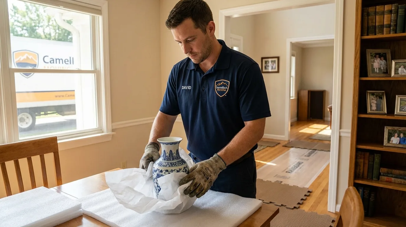 Professional crew carefully wrapping antique vase for senior downsizing move in Eleanor, WV